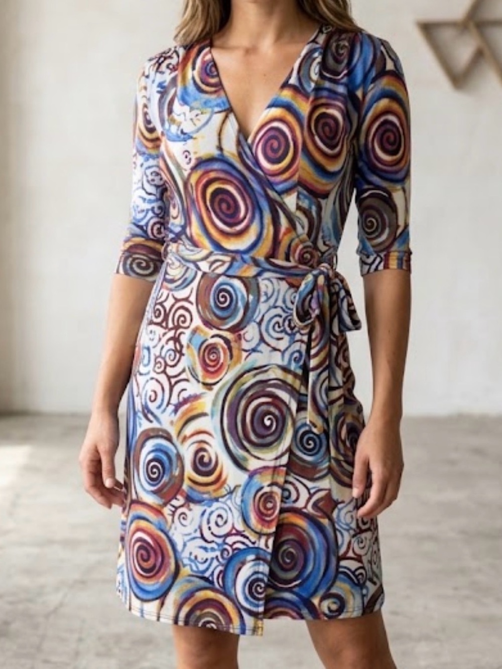 Gilmour Vancouver Abstract Swirl Stretch Wrap Dress 70s Boho M